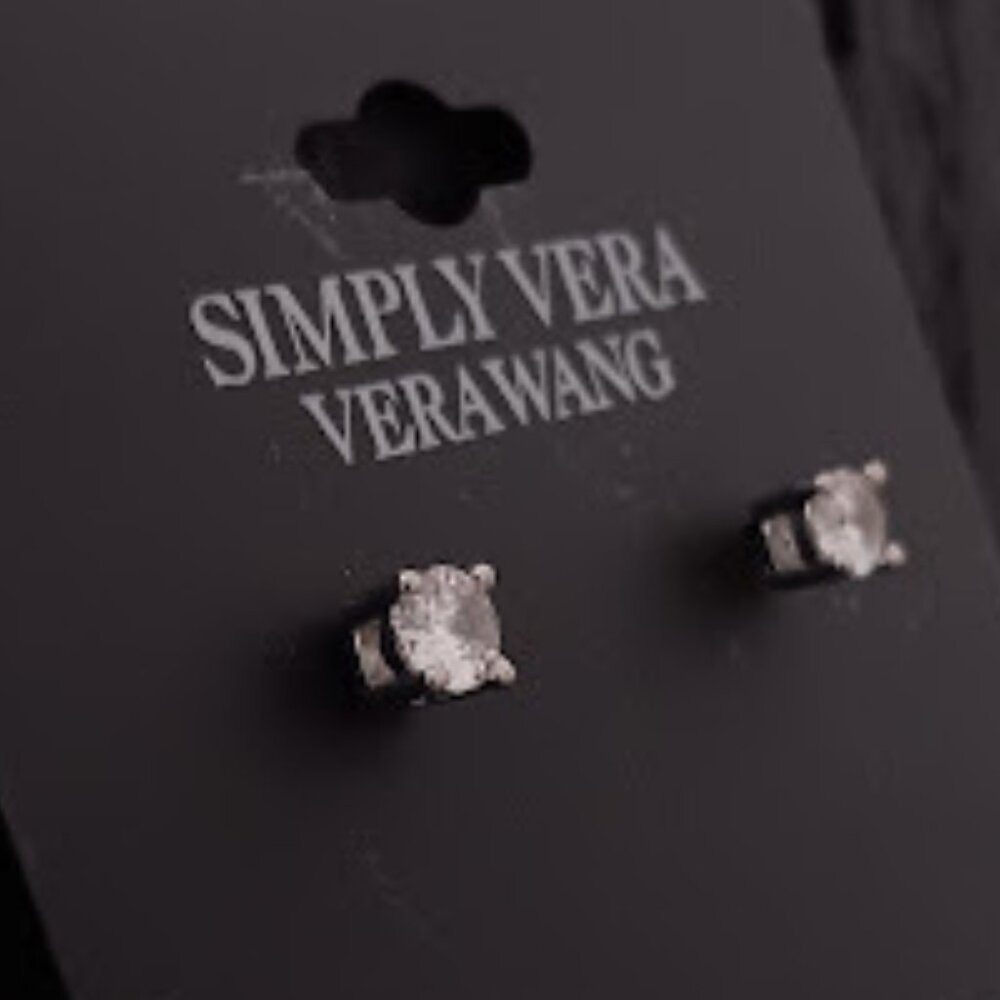 VERA WANG Mod/Contemporary Silver Clear CZ Stone Square Post Stud Earrings**NEW! - Picture 2 of 3